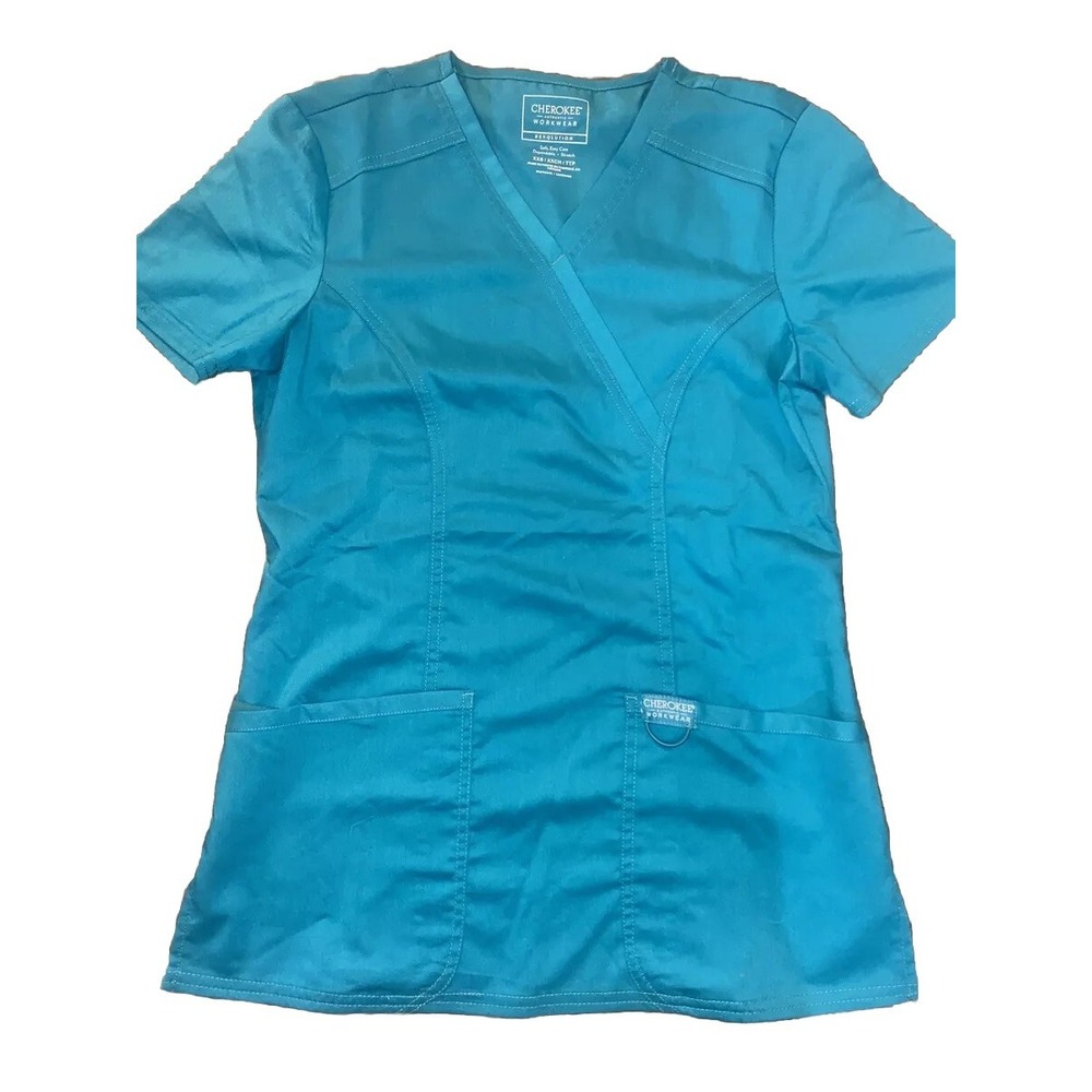 Cherokee Workwear Revolution Womens XXS Scrub Mock Wrap Top Teal Blue